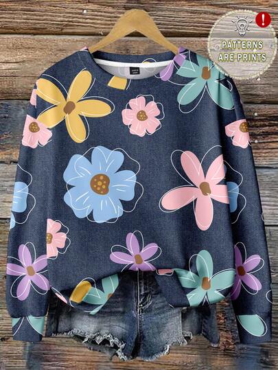 Mellowie Plus Size Women Sweatshirt With Whimsical Textured Line Floral Print, Blue Winter Fall Autumn