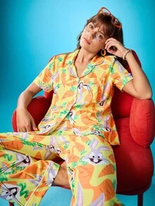 Chillnights X LOONEY TUNES Cartoon Pattern Short Sleeve Top & Pants Women Pajama Set Women Pajamas Bunny Pajamas Carrot Pajamas Printed Pajamas Cartoon Pajamas - Multicolor - View 4