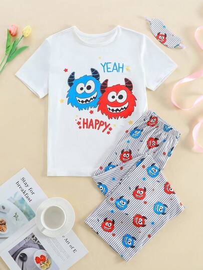 3 件套青少年男孩休闲卡通印花短袖 T 恤、长袖上衣和眼罩舒适睡衣