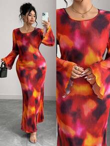 Elenzga Plus Size Crew Neck Long Puff Sleeve Floral Print Pleated Fitted Dress, For Christmas Maxi Women Outfit Fall Cloth For Women - Multicolor - View 8