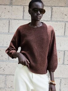 Lumivelle Women's Coffee Brown Round Neck 3/4 Puff Sleeve Pullover Sweater