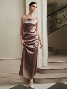 Anewsta 女式新款优雅细肩带仿珍珠缎性感街头风格连衣裙，派对长款连衣裙， - 香檳色 - 查看 4