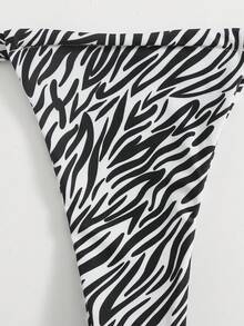 Swim Basics Summer Beach Zebra Striped Pattern Thong Bikini Set - Black and White - View 5