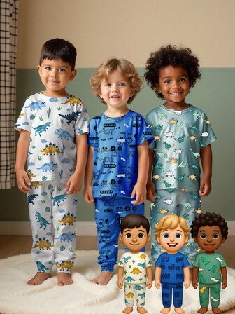 6件套男童恐龙与汽车印花贴身短袖睡衣套装