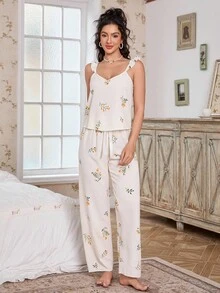 CottageSlumber Chiffon Yellow Floral Print Romantic Ruffle Trim Camisole & Pants Pajama Set Sleepwear Sets For Women Women Pajama Sets Summer Lounge Sets For Women Floral Pajama Sets Summer Pajama Sets For Women  Cozy And Elegant Details - Apricot - View 4