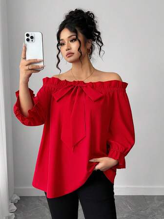 Elenzga Plus Size Women's Off Shoulder Mid-Sleeve Simple Fashion Blouse, Versatile For Daily Commute, Elegant And Fashionable