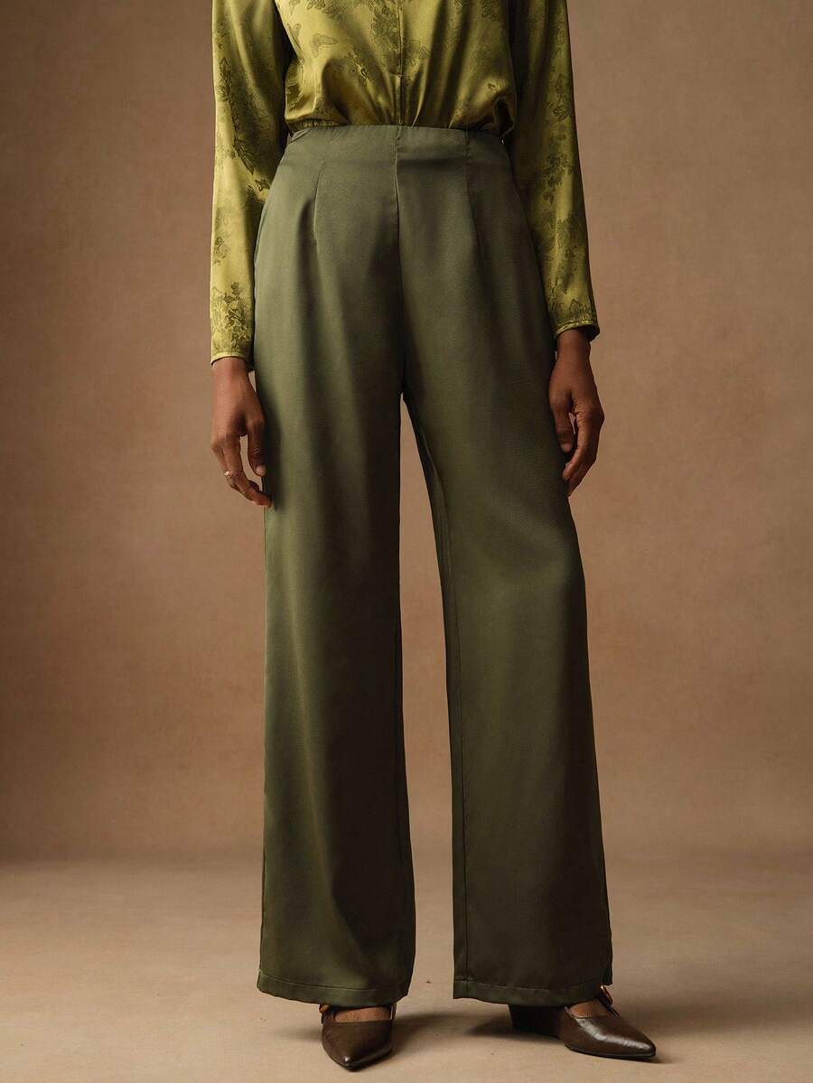 Vesra 女士时尚百搭隐形拉链亮面光滑面料休闲直筒阔腿裤 - 軍綠色 - 查看 1