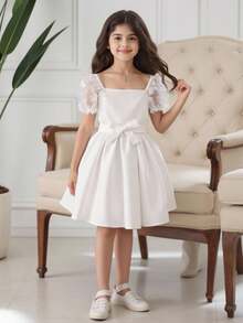 女大童貼花網紗袖連衣裙