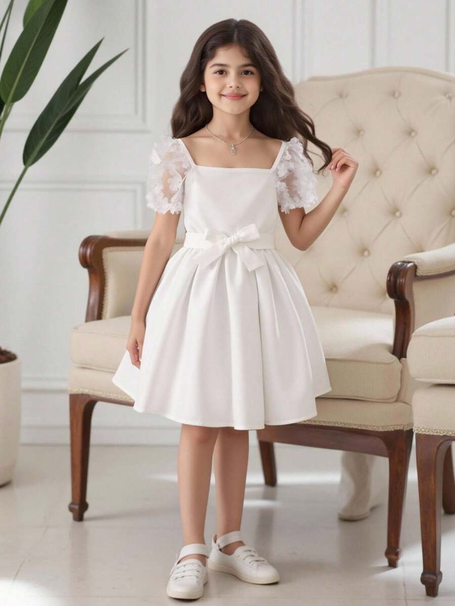 女大童貼花網紗袖連衣裙