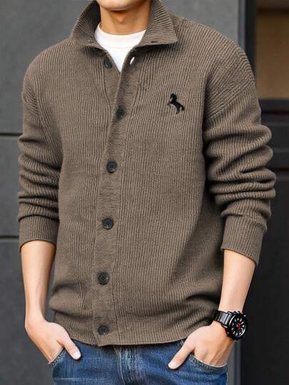 Manfinity Dauomo 男士休闲商务纽扣宽松开衫，马匹图案，落肩，秋冬