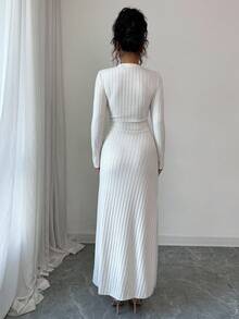 Selianne 25-30+ Days Casual Autumn/Winter Ribbed Knit Drawstring Dress For Women - Apricot - View 2