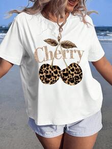 Veykashi 加大码豹纹和樱桃图案圆领短袖宽松T恤，加大码，略显透明，夏季