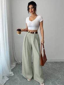 Selianne Culotte de cintura alta sólido color albaricoque, estilo elegante adecuado para uso diario y trabajo, vintage para temporada de graduación, festival de música, Derby, Día de la Independencia - Verde - Ver 3