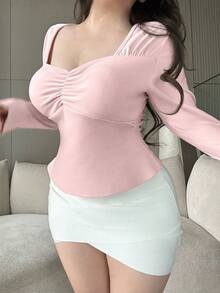 Flirla Plus Size Padded Long Sleeve Ruched Fitted Sexy Minimalist T-Shirt Fall Cloth For Women - Pink - View 3