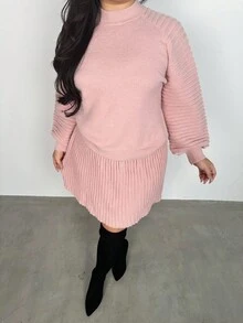 Firerie Loose Knit Stand Collar Long Sleeve Sweater & High-Waisted Pleated A-Line Mini Skirt 2 Pieces Set, Suitable For Valentine's Day, Concerts, Performances, Dates, Formal Dinners, Galas, Weddings, Sexy, Elegant, Commute, Back To School, Vacation, Beach, Romantic, Office Diva, Mermaid Chic, Birthday Party 2 Pieces Sweater Set Women Plus Plus Size Skirt Set Knit Skirt Set Plus Two Pieces Skirt Set Plus Size Plus Size Knit Set In Fall/Winter