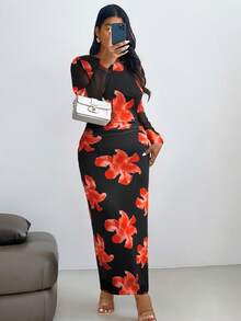 Firerie Vestido de malla de manga larga con volantes y estampado floral elegante y romántico, adecuado para principios de otoño, talla grande - Rojo - Ver 4