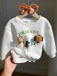 SHEIN 男婴可爱动物图案保暖圆领卫衣，舒适百搭休闲基础款套头衫，适合室内、室外、日常穿着、运动、玩耍、聚会、秋冬季节度假穿着。这款男婴动物图案卫衣长袖印花上衣是秋季男婴的理想之选。