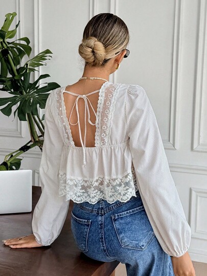 SHEIN Frenchy Blusa holgada de mujer con mangas farol, parches de encaje y lazo en la espalda, elegante y casual