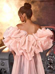 Glamrae 优雅撞色针织新颖不对称领口合身鱼尾下摆（可拆卸2件）撞色夸张3D荷叶边拖尾亮片装饰晚礼服 - 藕粉色 - 查看 5