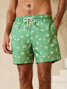 Manfinity Swimmode Men's Cherry Print Drawstring Casual Beach Shorts - Green - View 3