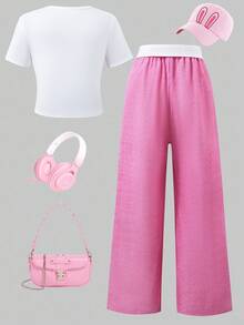 SHEIN Explorewe 2pcs/Set Tween GirlsSolid Bunny Pattern Top And Graffiti Print Pants Outfit - White - View 2