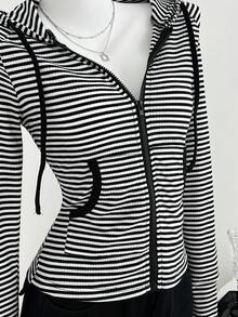 Elamini Women's Striped Long Sleeve Hooded Lightweight Jacket , Halloween Fall Winter Cloth For Women Y2k Club Baddie - Black - View 6