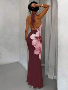 Glamine 优雅性感白色蝴蝶印花 3D 花卉垂坠领露背长款鱼尾修身连衣裙，适合秋季女装返校季 - 酒紅色 - 查看 2