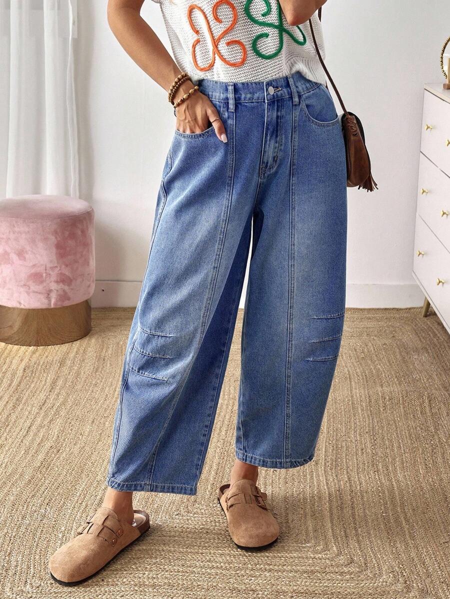 EMERY ROSE 女式度假休闲破洞喇叭牛仔裤 - 藍色 - 查看 1