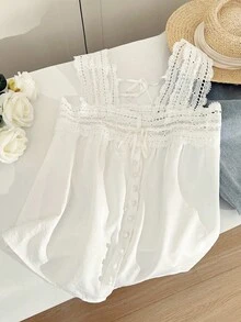 Resyla 女式夏季休闲纯色蕾丝拼布无袖衬衫 - 白色 - 查看 7