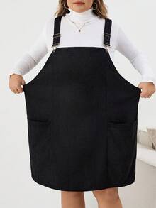 SHEIN CURVE+ Plus Size Women Black Corduroy Dress With Pockets And Adjustable Straps, Suitable For Halloween/Autumn /Winter