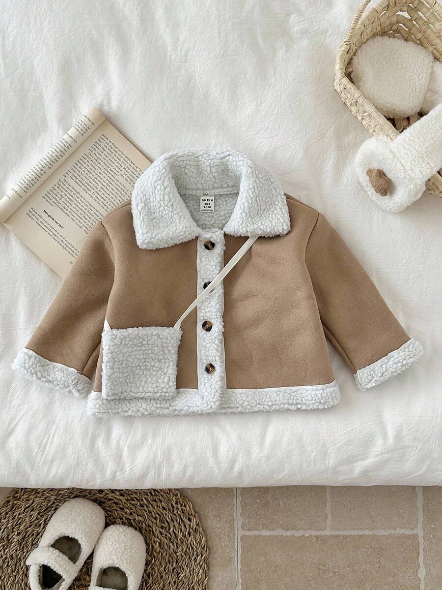 SHEIN Chaqueta casual y linda de contraste de color caqui de sherpa para niñas bebé - Caqui - Ver 1