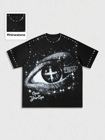 Grunge Punk Camiseta de manga corta con cuello redondo, decoración de rhinestones con estampado de ojo, estilo unisex de verano, estilo de los 2000