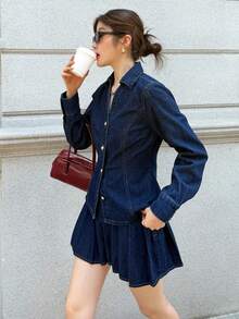 K-Vae 女士全牛仔蓝色复古做旧风格短裤套装，长袖单排扣上衣和百褶裙休闲牛仔套装，返校节服装，外出装，商务休闲女装