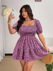 SHEIN MOOSTA Váy ngắn chữ A họa tiết hoa cỡ lớn dành cho nữ, phong cách nghỉ dưỡng - Màu tím - Xem 5