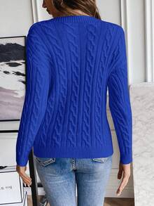 EMERY ROSE 女式休闲落肩圆领扭纹图案毛衣，秋季 - 寶藍色 - 查看 2