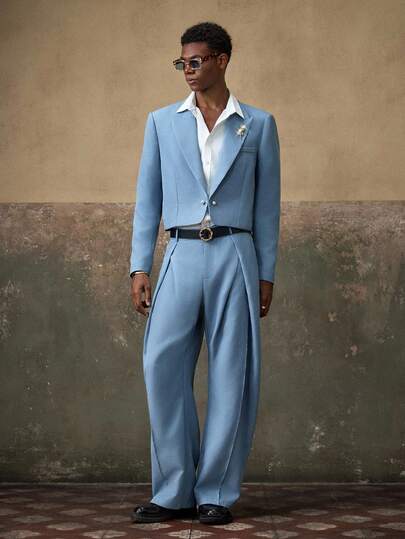 AKNOTIC 2pcs Men's Woven Casual Loose Fit Long Sleeve Jacket And Straight Leg Pants Set