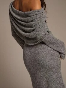 Aloruh Women's Off-Shoulder Ruched Long Sleeve Bodycon Prape Grey Maxi Dress, Fall/Winter - Dark Grey - View 9