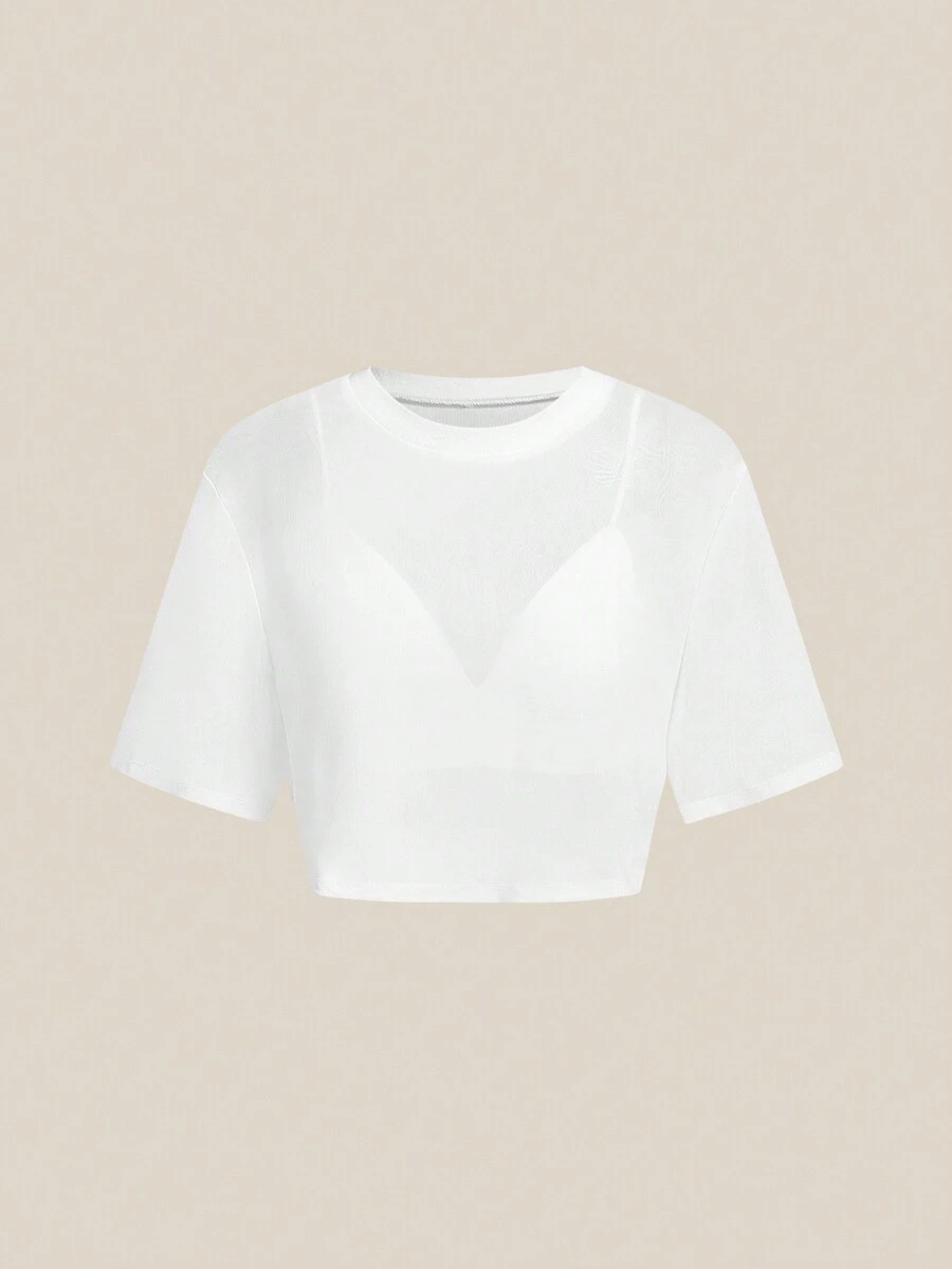 SHEIN BASICS 2件組休閒性感純色短版細肩帶圓領寬鬆短袖T恤,夏季上衣,適合夜店聚會,白色 - 白色 - 查看 1