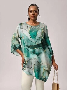 SHEIN Tall CURVE 大码休闲简约全印花衬衫，适合秋季 - 綠色 - 查看 5