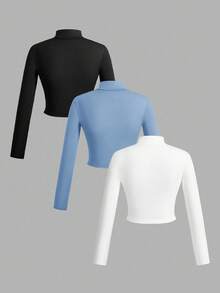 Slaydiva Bộ 3 áo thun nữ cổ chữ V co giãn, đơn giản, thời trang thu đông, tay dài bó, màu trắng + đen + xám - Màu xanh nhạt - Xem 2