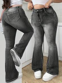 SHEIN MOD Plus Size Blue Denim Casual Skinny Flare Jeans - Black - View 1