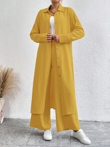 SHEIN LUNE 女士纯色长袖单排扣长衬衫和裤子休闲宽松两件套 - 黃色 - 查看 3