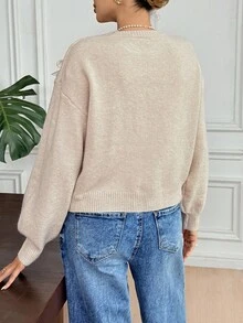 SHEIN Frenchy 女士休闲优雅百搭毛衣，带 3D 蝴蝶结丝带装饰，秋冬女装 - 杏色 - 查看 2