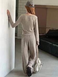 DAZY 2 件套青少年女孩休闲直筒裤和 T 恤套装，舒适简约，秋季 - 灰色 - 查看 6