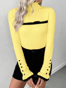 女式高领荷叶边纽扣设计长袖针织套头衫，带蝴蝶结，紧身保暖衬里 - 黃色 - 查看 6