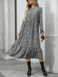 SHEIN LUNE 女式豹纹圆领长袖荷叶边下摆休闲连衣裙 - 彩色 - 查看 7