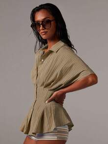 Athîral Áo sơ mi nữ thường ngày tay cánh dơi kẻ sọc, eo thắt chặt, viền xếp ly - Màu Khaki - Xem 5