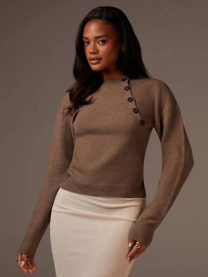 Athîral 女式休闲纽扣设计落肩长袖毛衣，纯色，秋季