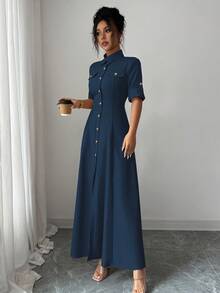Elenzga Vestido largo de verano de unicolor con botones delanteros, casual y apropiado para ir al trabajo - azul real - Ver 5