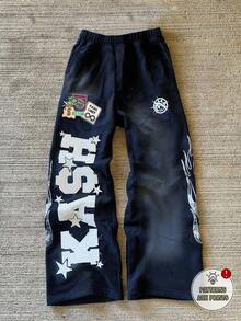 Glimmora 男士休闲复古字母贴花运动裤 - 藏蓝色 - 查看 1